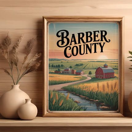 Framed painting of a rural Barber County landscape with a barn and fields.
