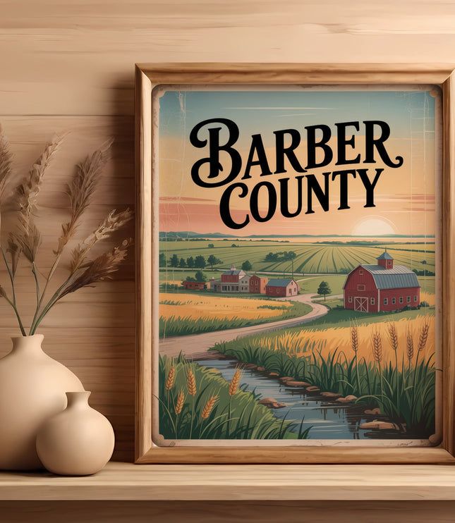 Framed painting of a rural Barber County landscape with a barn and fields.