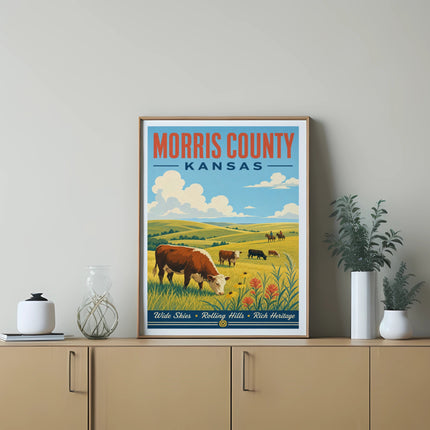 Morris County, Kansas vintage travel poster with cows and wheat fields.