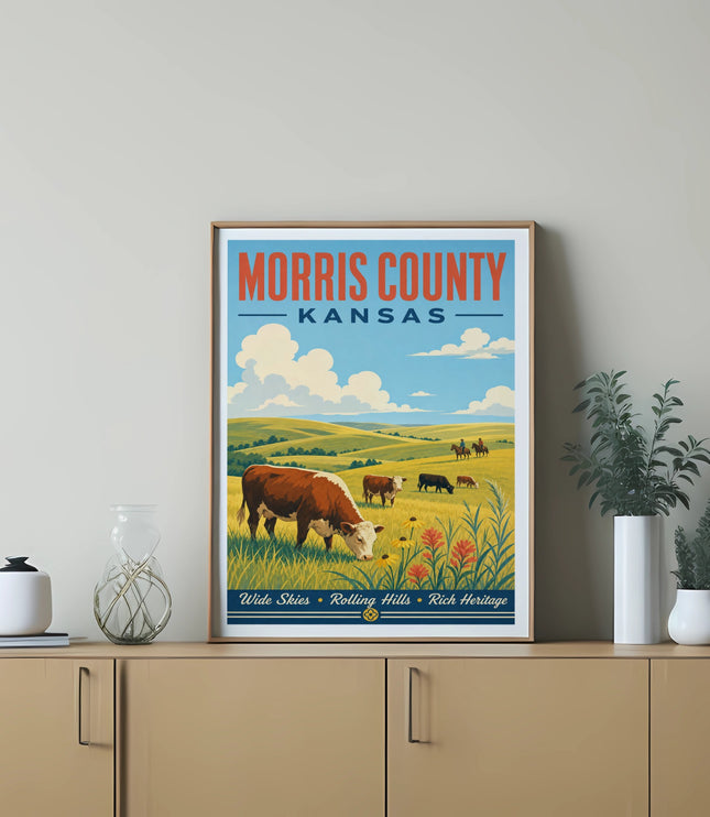 Morris County, Kansas vintage travel poster with cows and wheat fields.