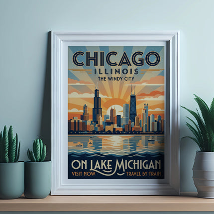 Chicago Illinois skyline artwork on Lake Michigan, travel by train.