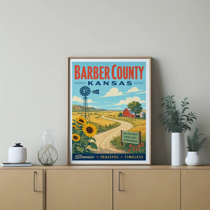 Barber County, Kansas poster with sunflower field, windmill, and barn.