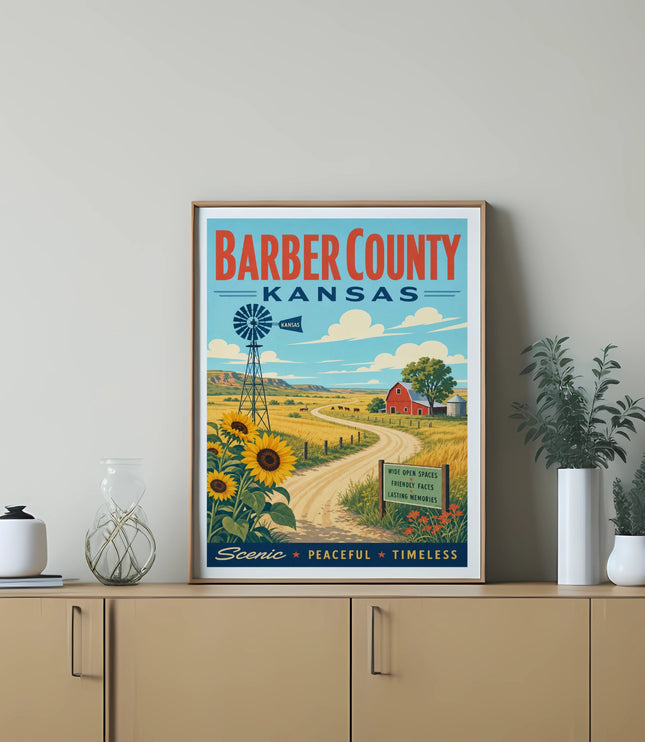 Barber County, Kansas poster with sunflower field, windmill, and barn.