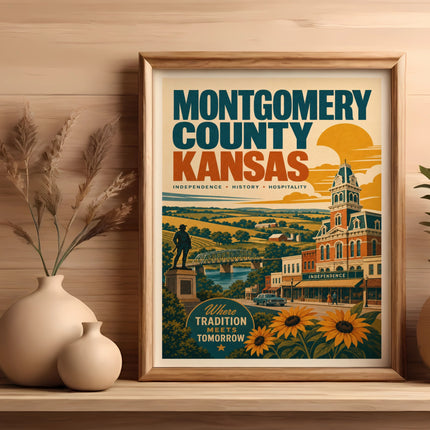 Framed vintage poster for Montgomery County, Kansas, with text and illustrations.