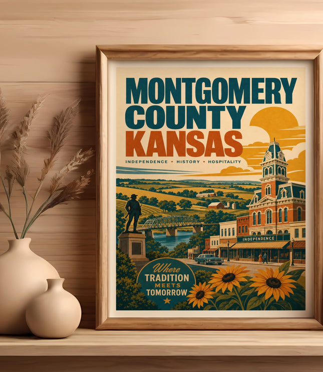 Framed vintage poster for Montgomery County, Kansas, with text and illustrations.