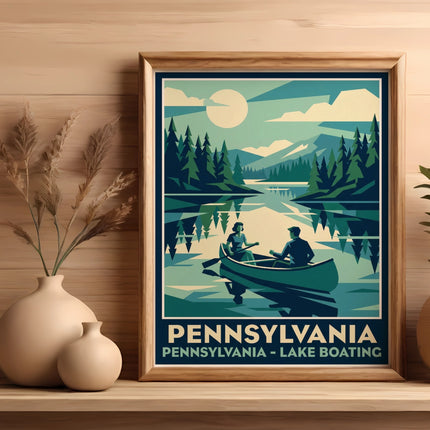 Framed print of a lake scene with two people in a canoe, mountains, and trees.