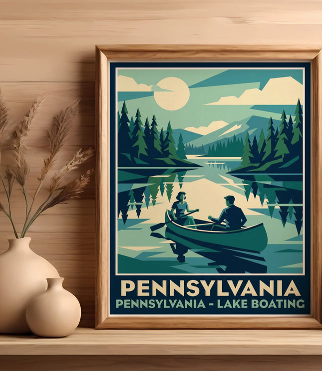 Framed print of a lake scene with two people in a canoe, mountains, and trees.