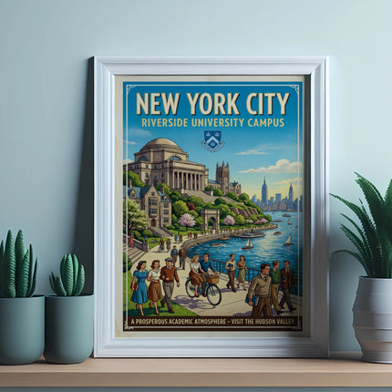 New York City Riverside University Campus poster with people and buildings.