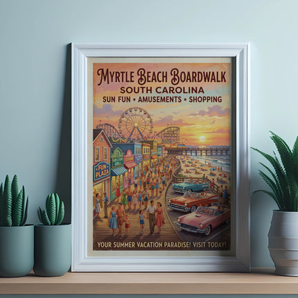 Myrtle Beach Boardwalk vintage travel poster with sun, fun amusements, and shopping.