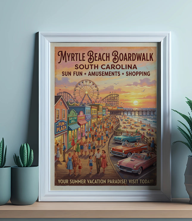 Myrtle Beach Boardwalk vintage travel poster with sun, fun amusements, and shopping.
