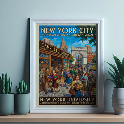 New York University Campus Bookstore poster with "New York City" and "Greenwich Village" text.