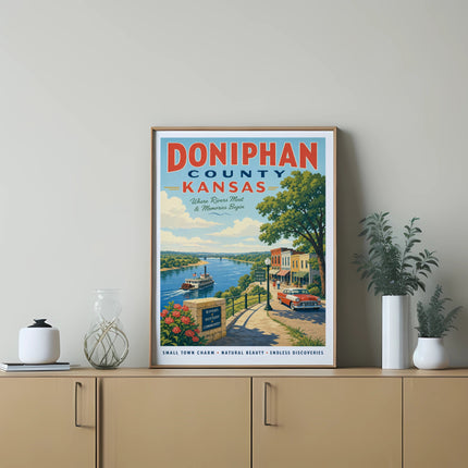 Doniphan County Kansas travel poster with "Where Rivers Meet & Memories Begin" text.