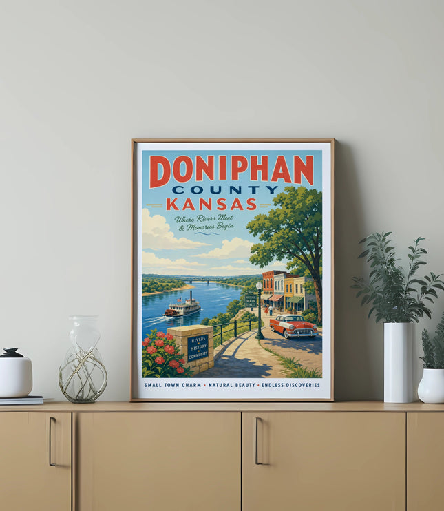 Doniphan County Kansas travel poster with "Where Rivers Meet & Memories Begin" text.
