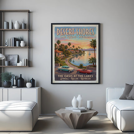 Desert Shores Las Vegas Nevada retro poster with vintage cars and lake scene.