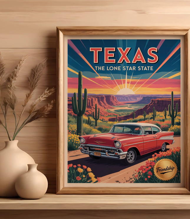 Poster with vintage red car in Texas desert landscape, says "Texas The Lone Star State".
