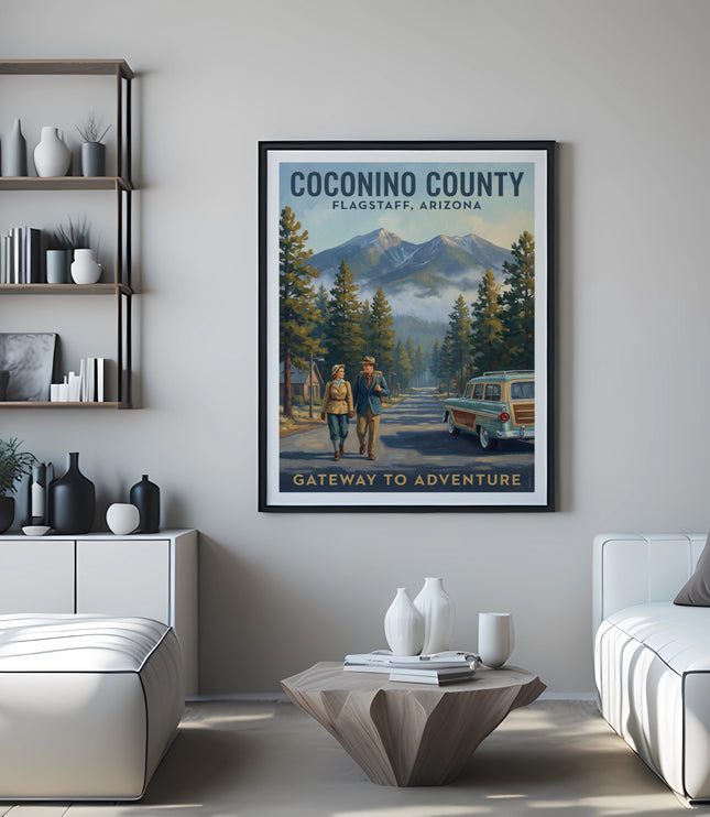 Coconino County Flagstaff Arizona poster with mountains, trees, people, and car.