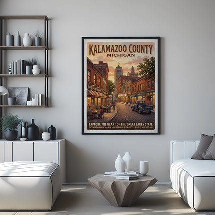 Kalamazoo County Michigan vintage travel poster of a classic street scene.