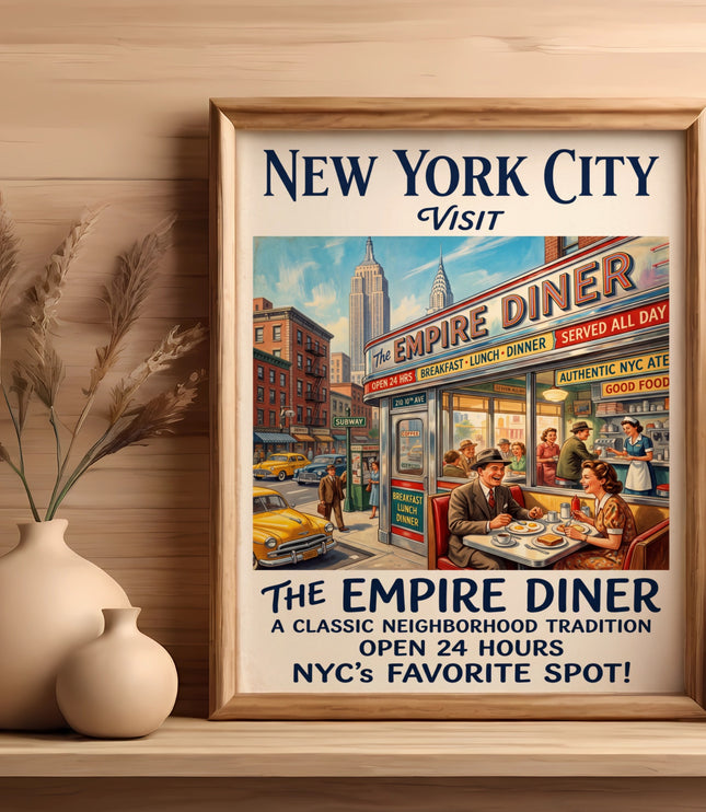 New York City vintage poster featuring The Empire Diner scene with text.