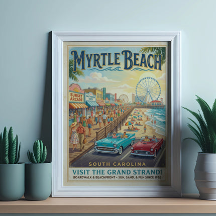 Myrtle Beach South Carolina vintage travel poster with Ferris wheel and cars.