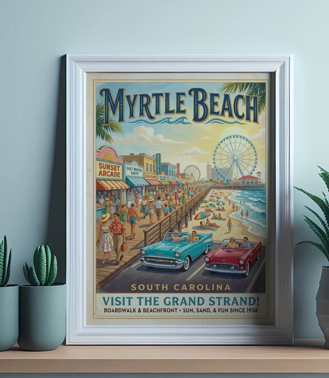 Myrtle Beach South Carolina vintage travel poster with Ferris wheel and cars.