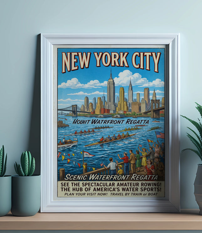 New York City waterfront regatta vintage poster with skyline and rowing boats.