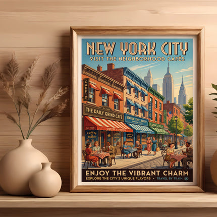 New York City poster with neighborhood cafes and text about exploring the city.