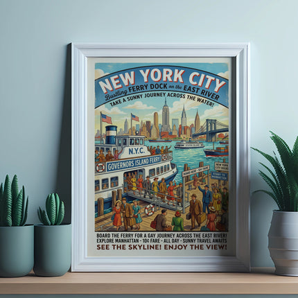 New York City ferry dock poster with "Governors Island Ferry" and city skyline.