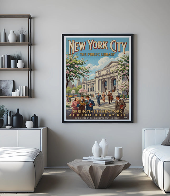 New York City Public Library springtime travel poster featuring classic architecture and people.