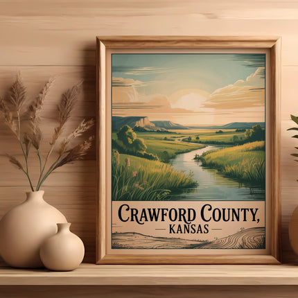 Framed artwork of Crawford County, Kansas landscape with river and sun.