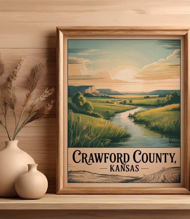 Framed artwork of Crawford County, Kansas landscape with river and sun.