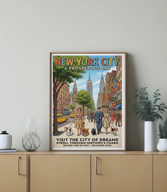 Vintage New York City poster depicts a sunny street scene with couples walking dogs and the Empire State Building.