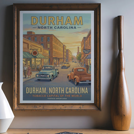 Durham, North Carolina vintage poster with vintage cars, "Lucky Strike Coffee", and "Bull City Brew".
