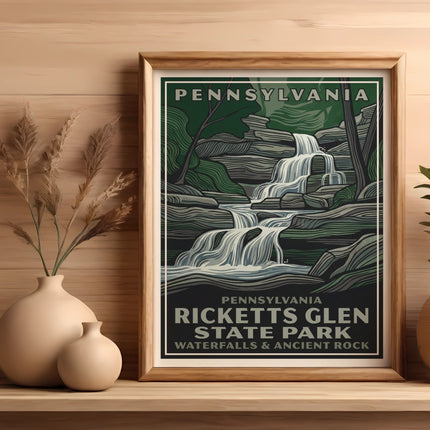 Pennsylvania Ricketts Glen State Park vintage poster with waterfall and trees.