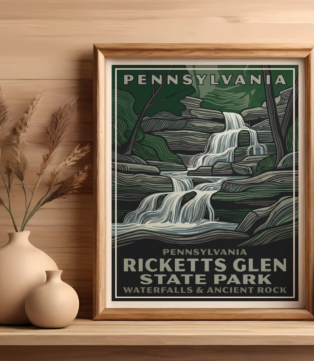 Pennsylvania Ricketts Glen State Park vintage poster with waterfall and trees.