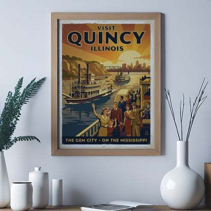 Retro poster featuring Quincy, Illinois with steamboat and skyline.