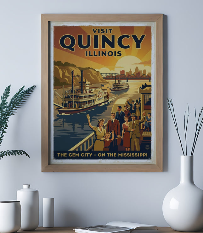Retro poster featuring Quincy, Illinois with steamboat and skyline.