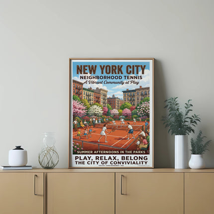 New York City Neighborhood Tennis poster with park and players.