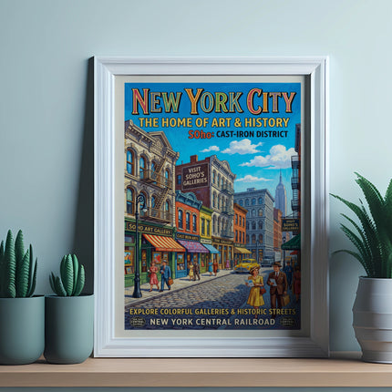 New York City travel poster for Soho Cast-Iron District with art galleries.