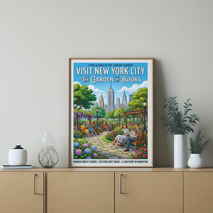 New York City Garden of Books poster with text in a framed wall art display.
