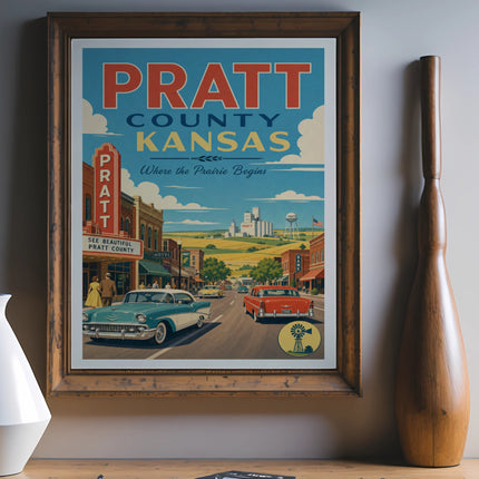 Vintage Pratt County, Kansas travel poster with classic cars and buildings.