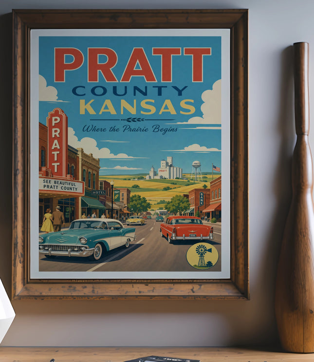 Vintage Pratt County, Kansas travel poster with classic cars and buildings.