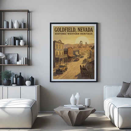 Goldfield, Nevada Historic Western Heritage poster depicting a street scene with buildings and mining equipment.