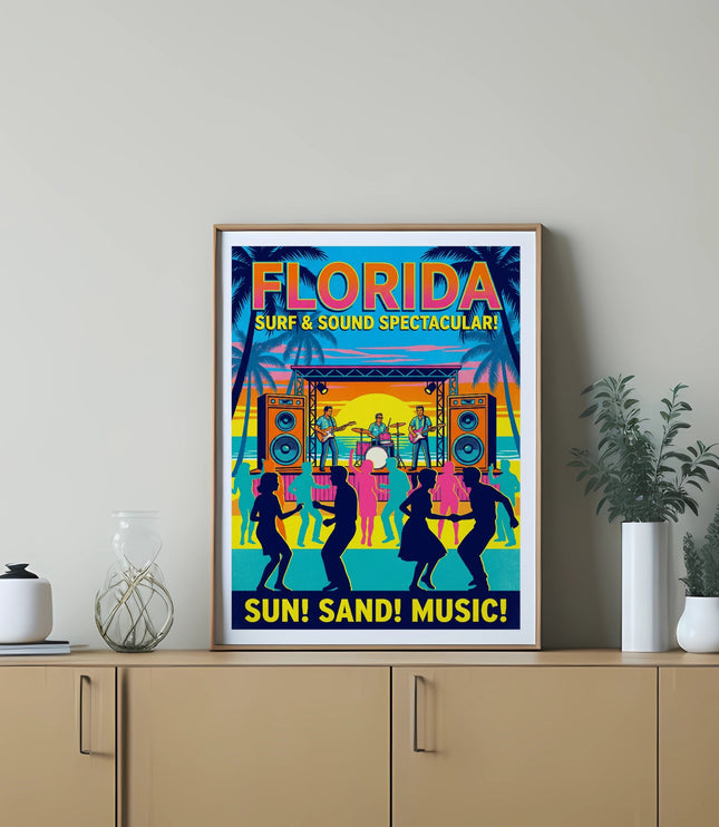 Poster for Florida Surf & Sound Spectacular with a band playing for dancing figures.