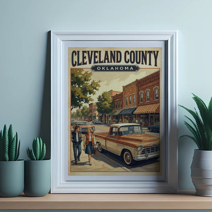 Poster of Cleveland County Oklahoma with vintage cars and people on a street.