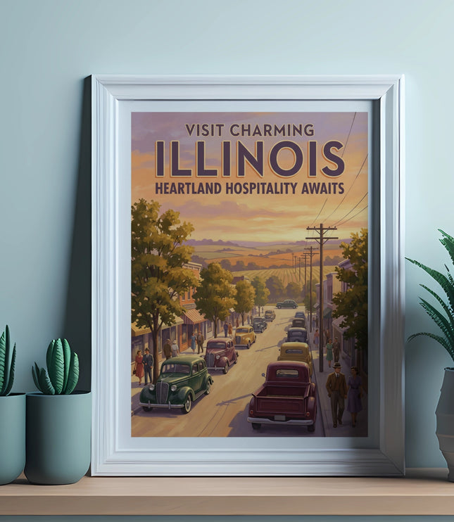 Framed vintage print of a charming Illinois street scene with classic cars and people.