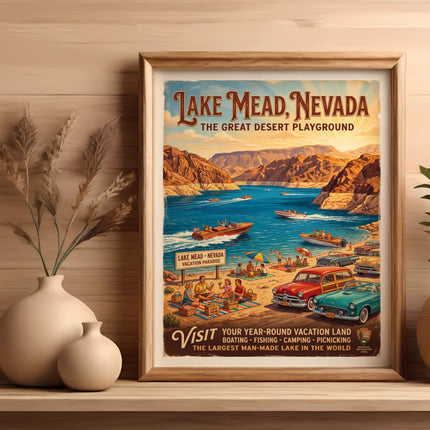 Vintage Lake Mead, Nevada vacation poster with boats, cars, and people.