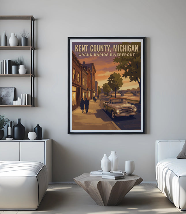 Poster of Kent County, Michigan Grand Rapids Riverfront with a vintage truck.