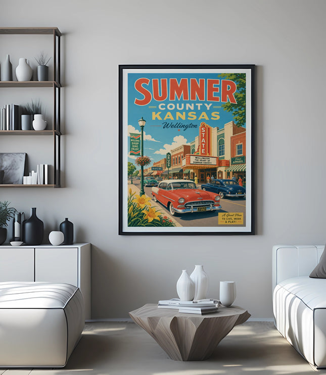Sumner County Kansas vintage travel poster with cars and buildings.
