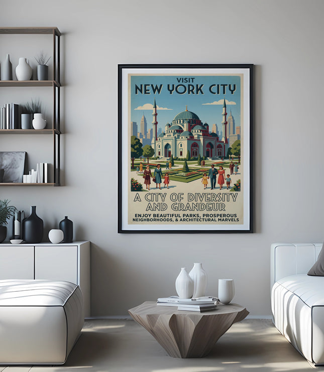 Vintage "Visit New York City" poster with skyline, mosque, and text.