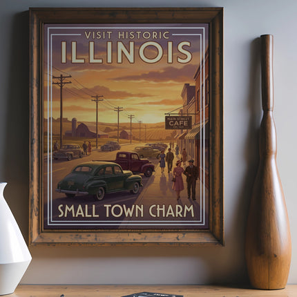 Vintage Illinois small town charm poster with cars and sunset.
